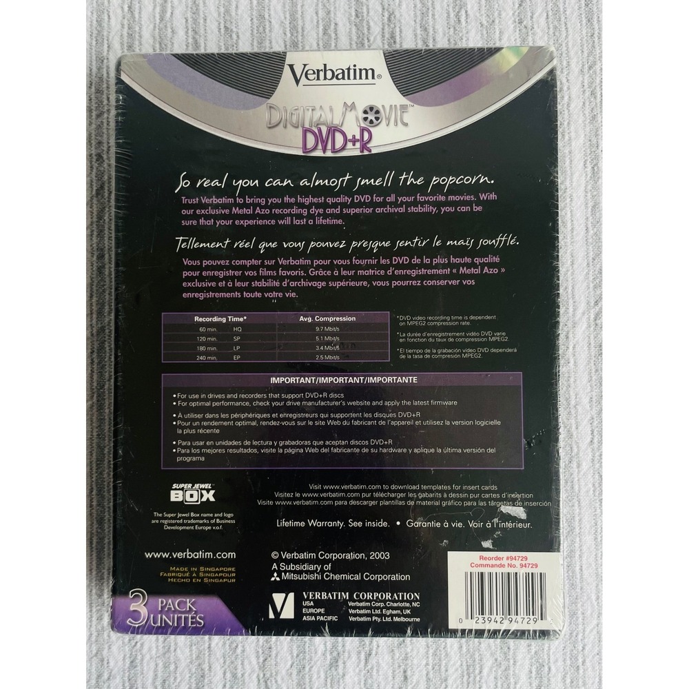 Verbatim DigitalMovie DVD+R 4.7GB 120min 4x Cinema Reel 3 Pack New Sealed RARE - Picture 4 of 6